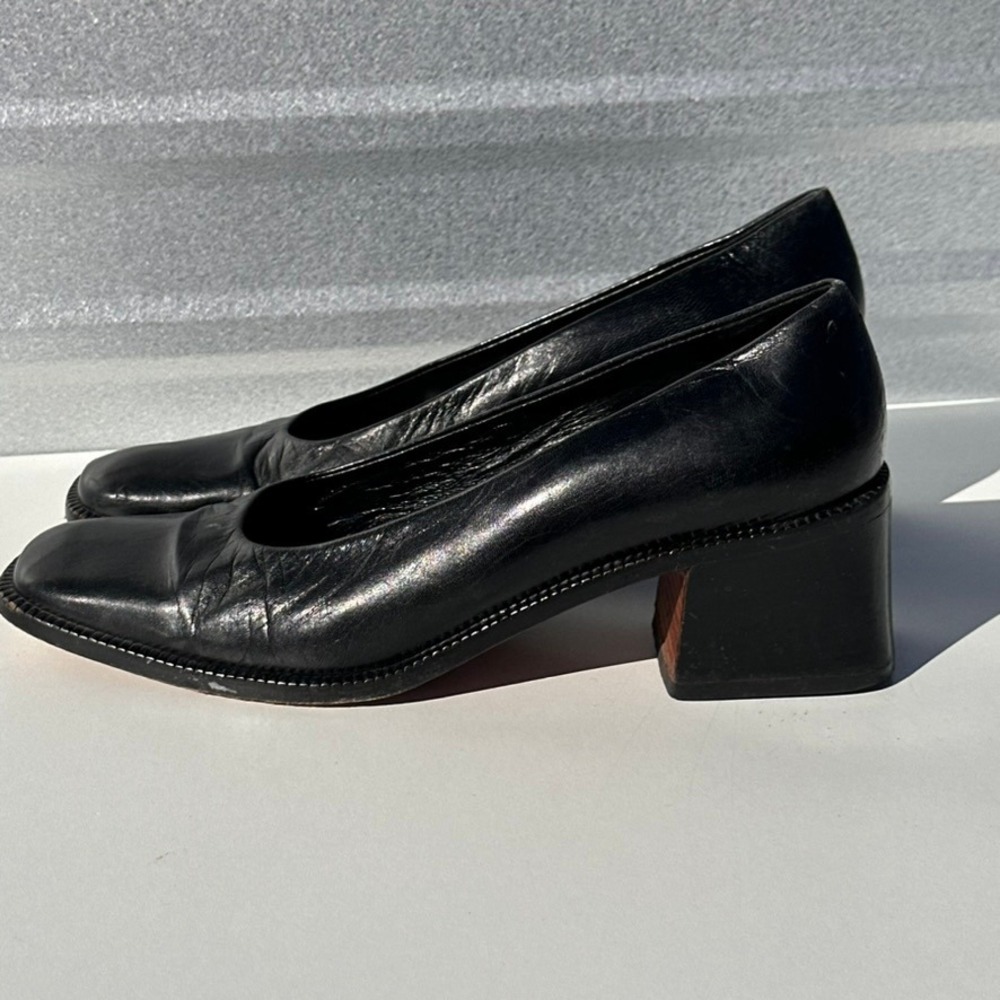 Jil Sander Vintage Black Leather Square Toe Block Heel Pumps Made in Spain 38 - Picture 3 of 13